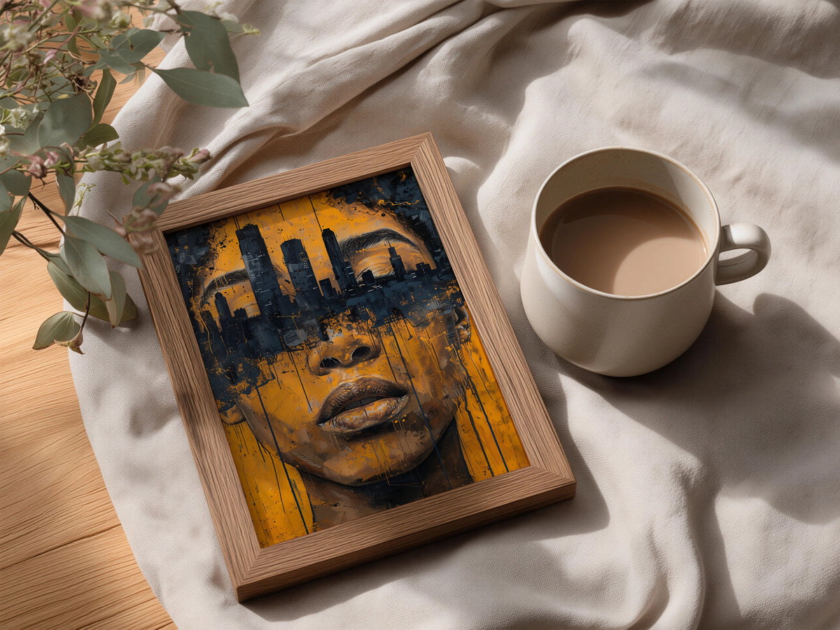 Urban Skyline Portrait Wall Art Poster, Mustard Yellow & Navy Graffiti Face Print for Living Room — styling mockup 3