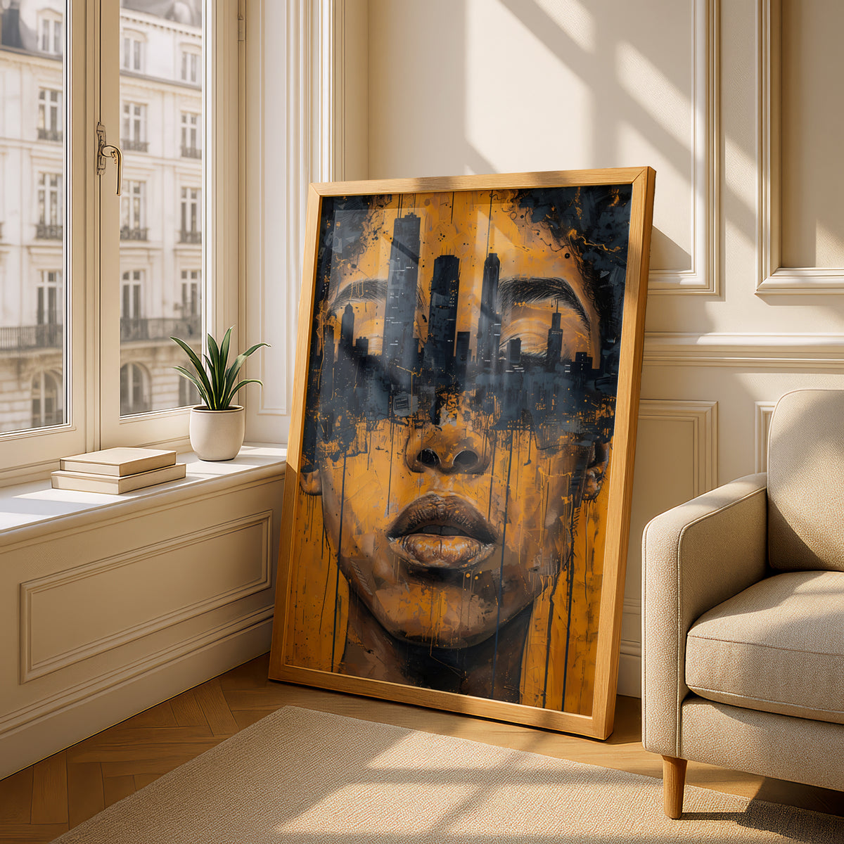 Urban Skyline Portrait Wall Art Poster, Mustard Yellow & Navy Graffiti Face Print for Living Room — styling mockup 4