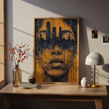 Urban Skyline Portrait Wall Art Poster, Mustard Yellow & Navy Graffiti Face Print for Living Room — styling mockup 5