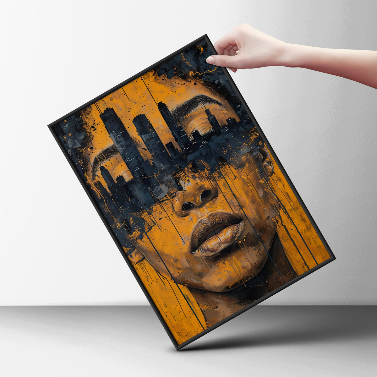 Urban Skyline Portrait Wall Art Poster, Mustard Yellow & Navy Graffiti Face Print for Living Room — styling mockup 6