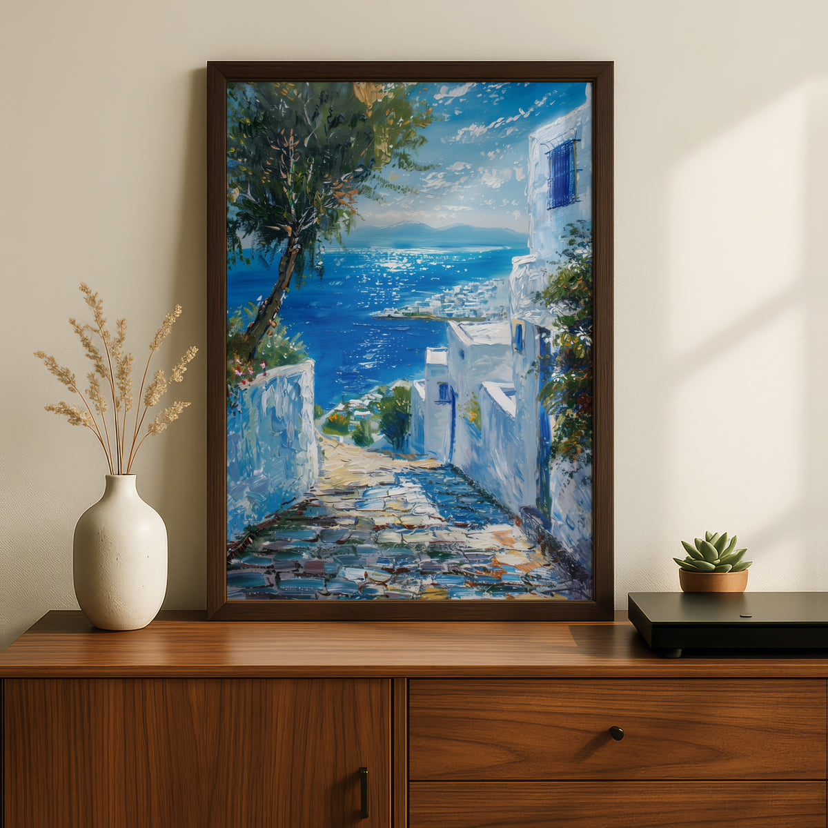 Mediterranean Coastal Poster, Greek Island Wall Art, Blue Sea Oil Painting Print, Living Room — styling mockup 2
