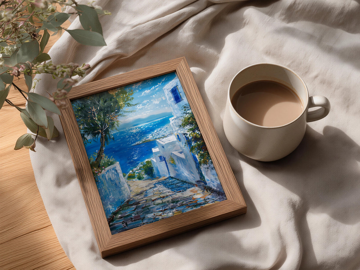 Mediterranean Coastal Poster, Greek Island Wall Art, Blue Sea Oil Painting Print, Living Room — styling mockup 3