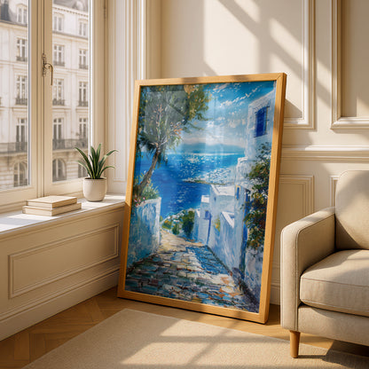 Mediterranean Coastal Poster, Greek Island Wall Art, Blue Sea Oil Painting Print, Living Room — styling mockup 4