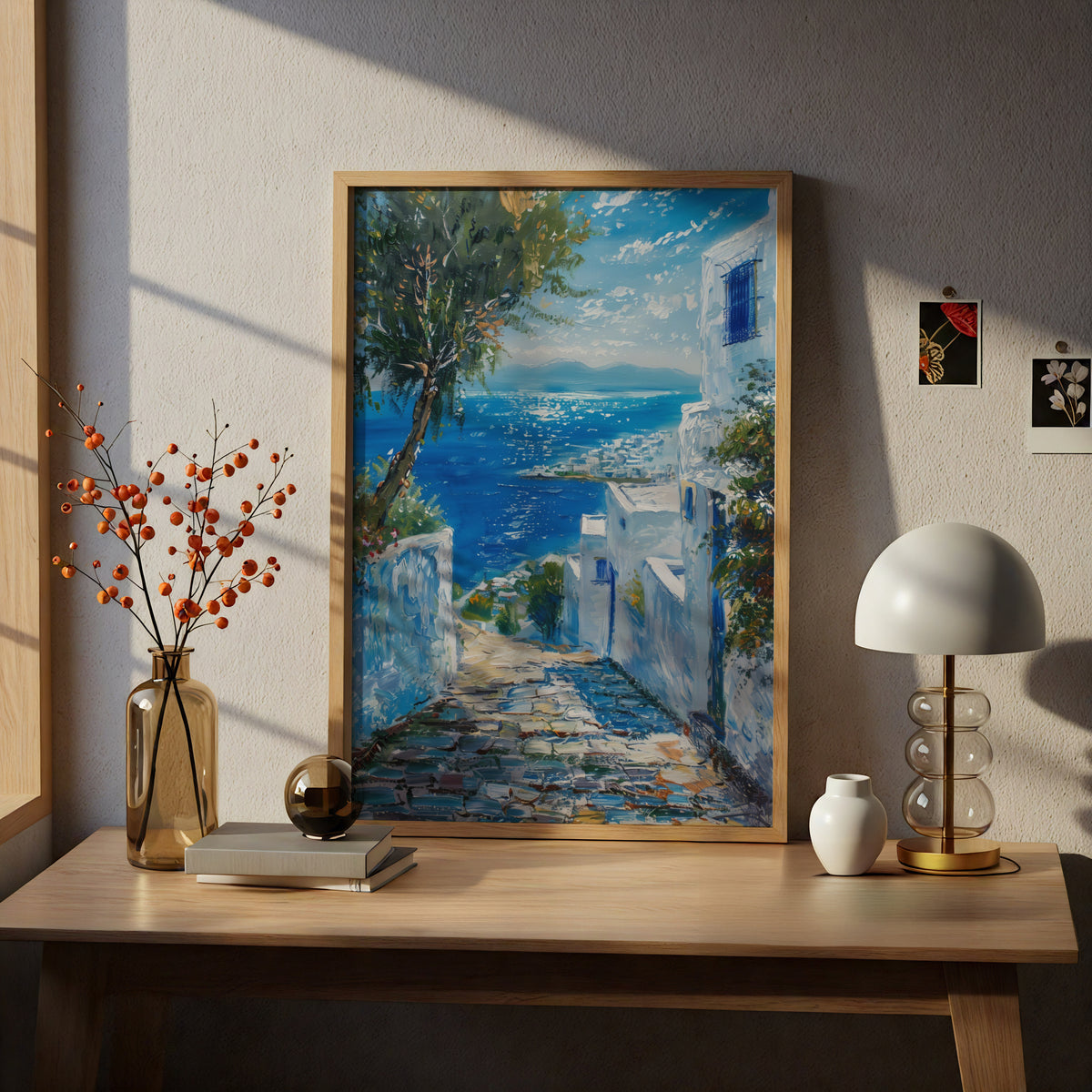 Mediterranean Coastal Poster, Greek Island Wall Art, Blue Sea Oil Painting Print, Living Room — styling mockup 5