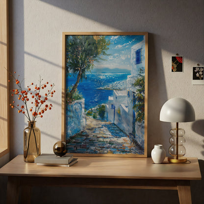 Mediterranean Coastal Poster, Greek Island Wall Art, Blue Sea Oil Painting Print, Living Room — styling mockup 5