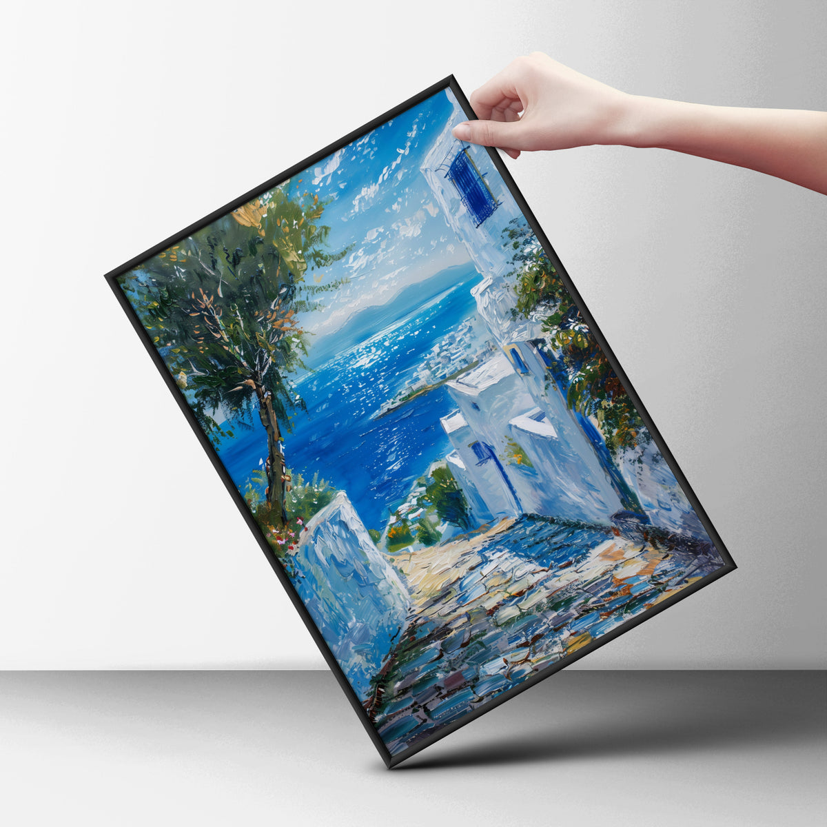 Mediterranean Coastal Poster, Greek Island Wall Art, Blue Sea Oil Painting Print, Living Room — styling mockup 6
