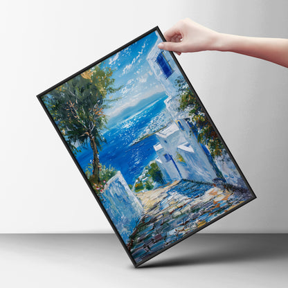 Mediterranean Coastal Poster, Greek Island Wall Art, Blue Sea Oil Painting Print, Living Room — styling mockup 6