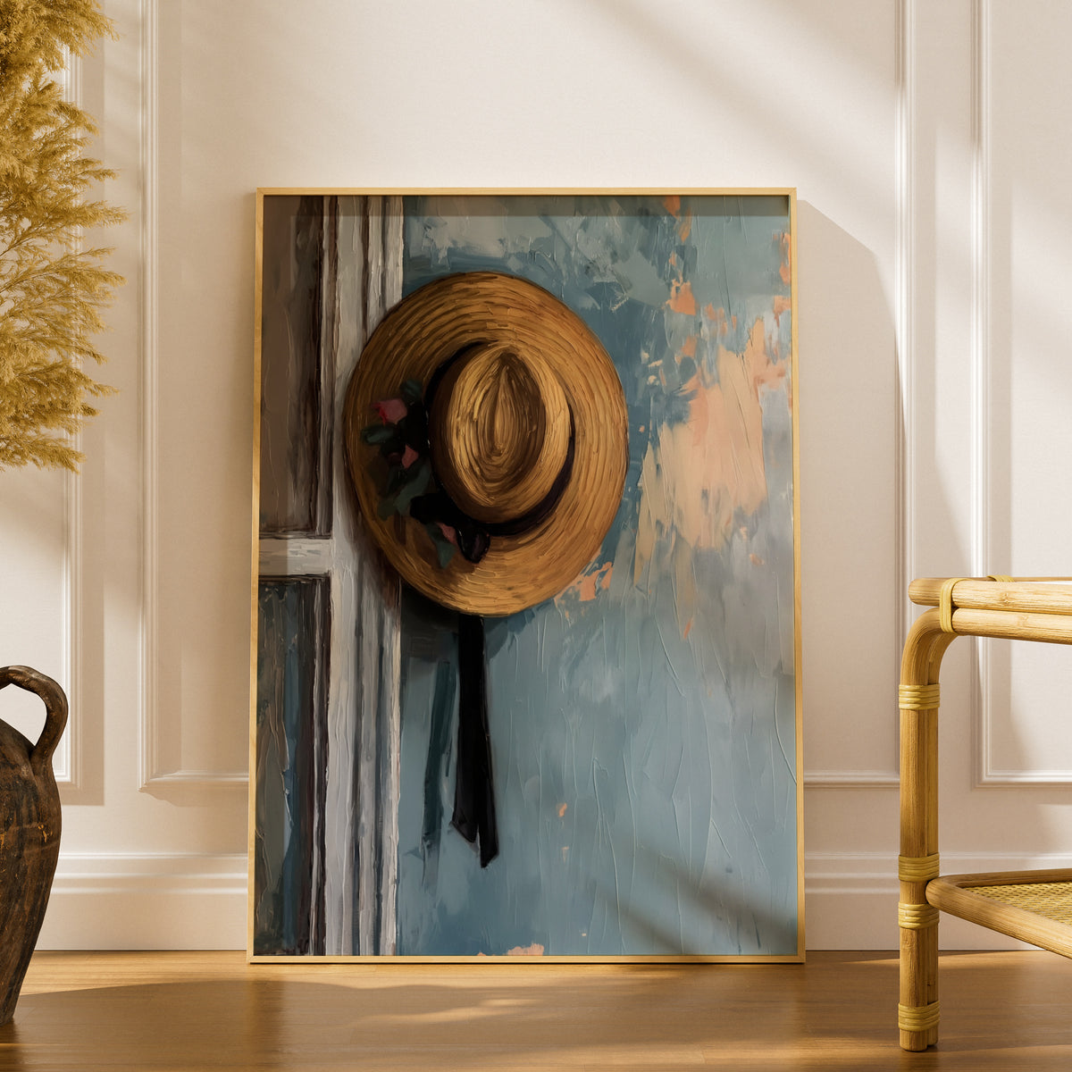 Vintage Straw Hat Oil Painting Print, Textured Blue Wall Art, Rustic Farmhouse Poster for Hallway — styling mockup 1