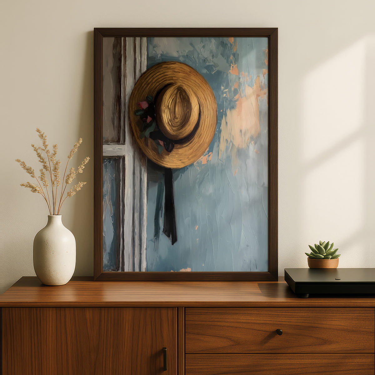 Vintage Straw Hat Oil Painting Print, Textured Blue Wall Art, Rustic Farmhouse Poster for Hallway — styling mockup 2