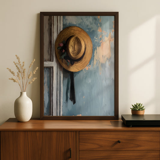 Vintage Straw Hat Oil Painting Print, Textured Blue Wall Art, Rustic Farmhouse Poster for Hallway — styling mockup 2