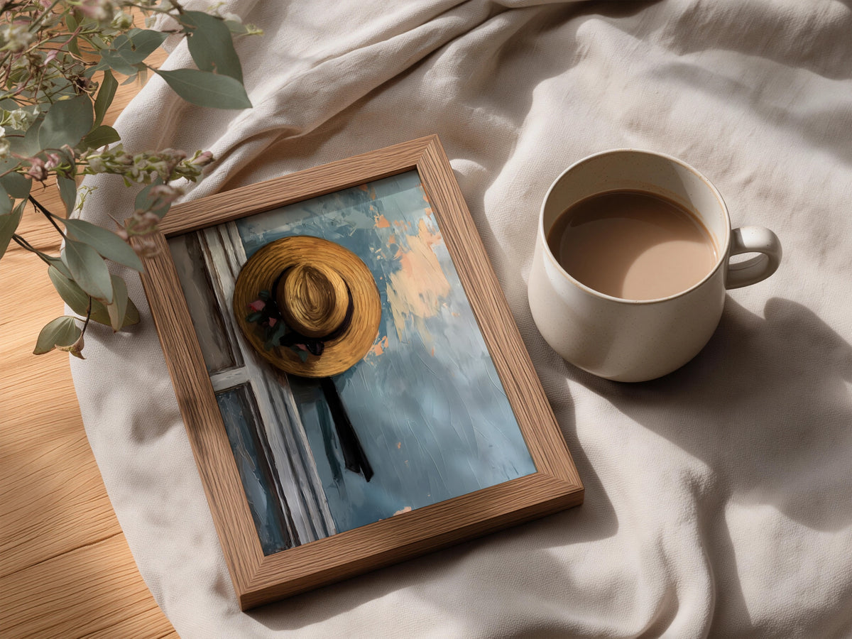 Vintage Straw Hat Oil Painting Print, Textured Blue Wall Art, Rustic Farmhouse Poster for Hallway — styling mockup 3