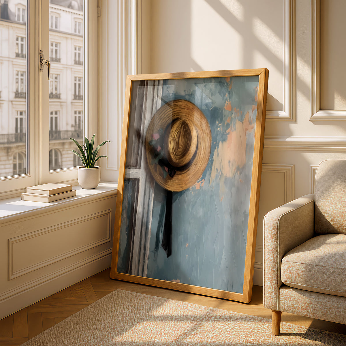 Vintage Straw Hat Oil Painting Print, Textured Blue Wall Art, Rustic Farmhouse Poster for Hallway — styling mockup 4