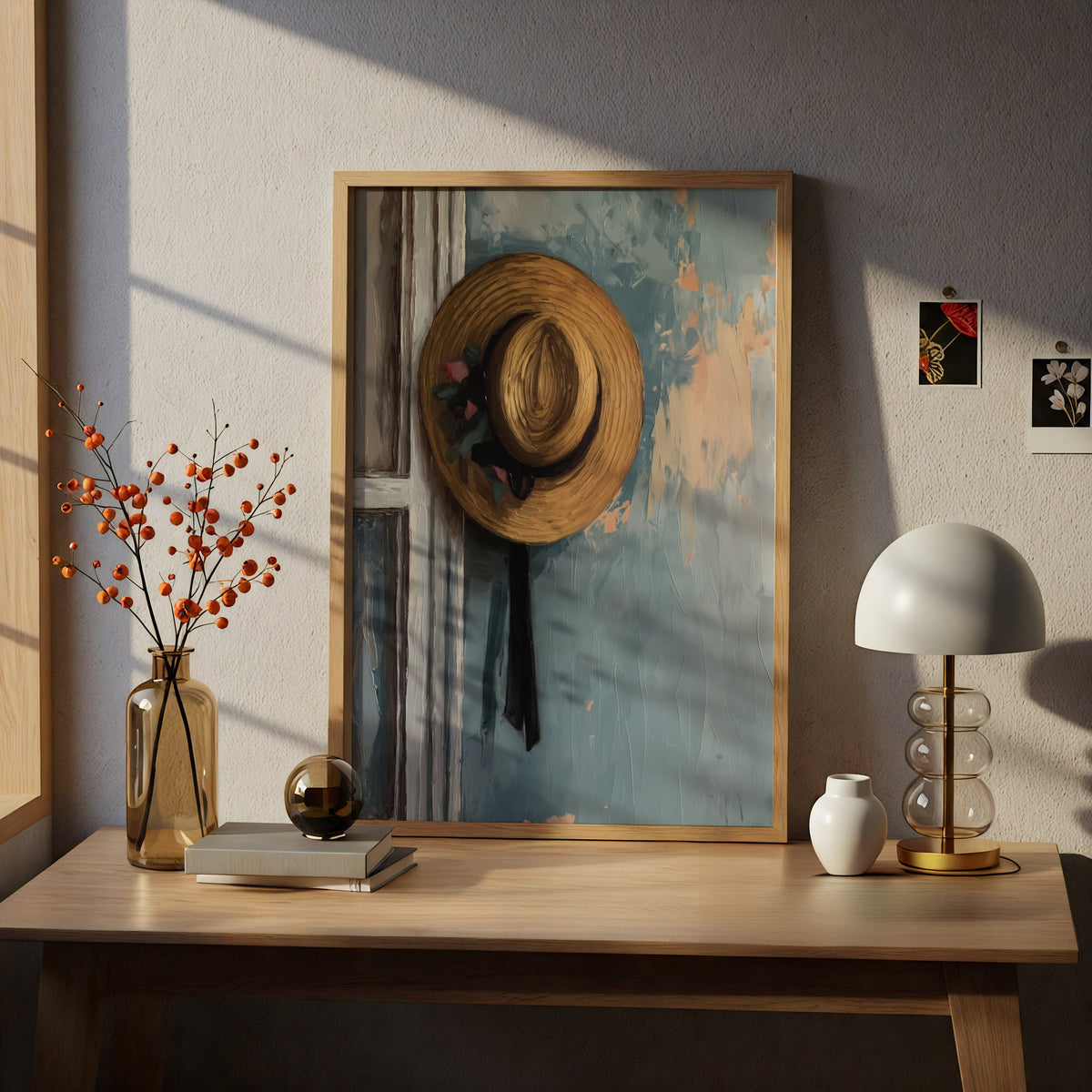 Vintage Straw Hat Oil Painting Print, Textured Blue Wall Art, Rustic Farmhouse Poster for Hallway — styling mockup 5