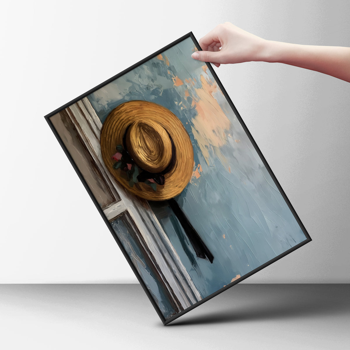 Vintage Straw Hat Oil Painting Print, Textured Blue Wall Art, Rustic Farmhouse Poster for Hallway — styling mockup 6