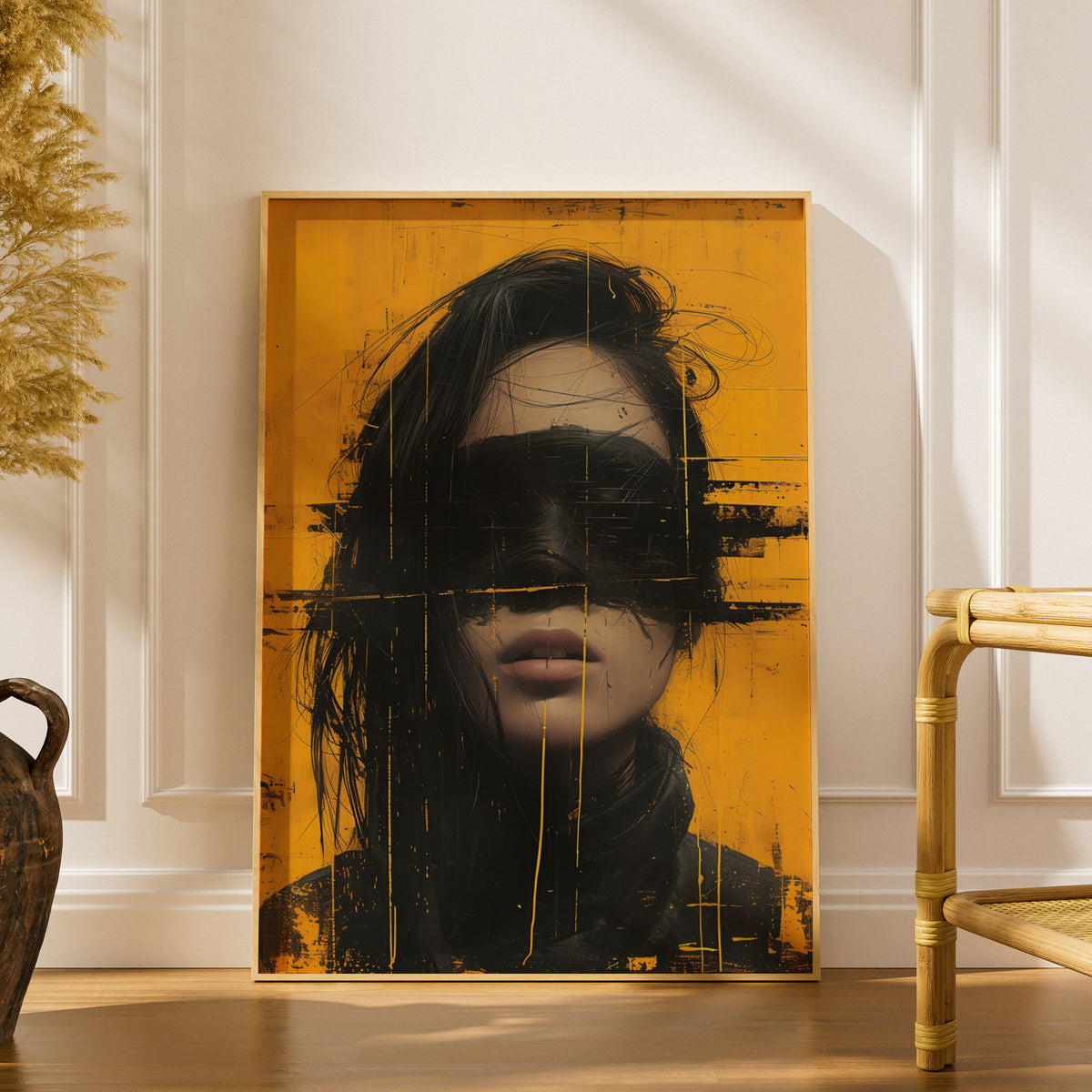 Abstract Portrait Wall Art, Yellow and Black Grunge Poster, Modern Street Art Print for Living Room — styling mockup 1