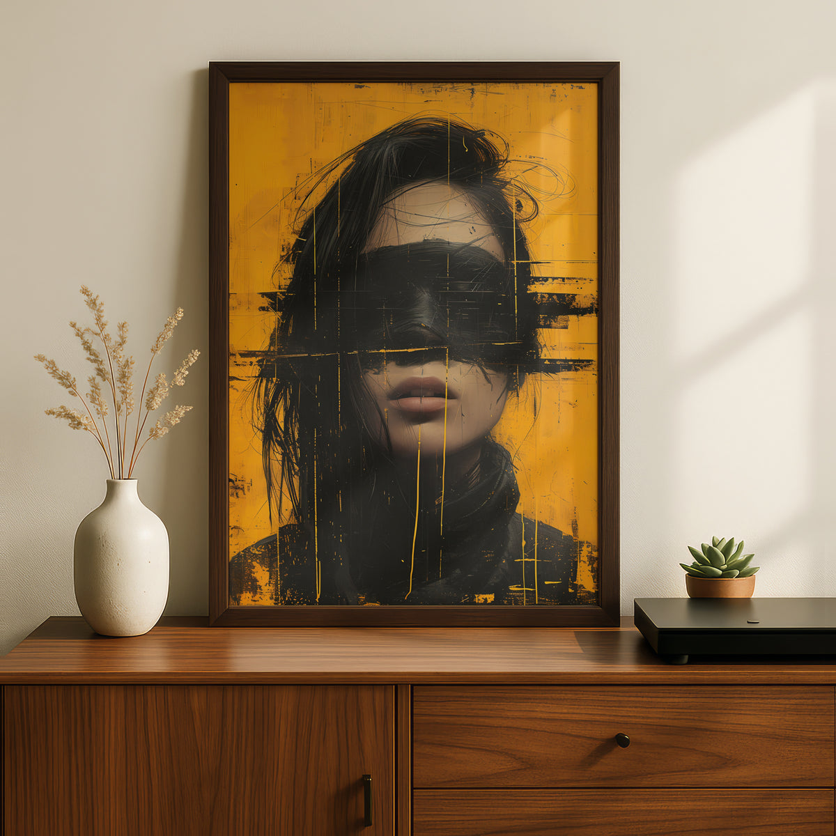 Abstract Portrait Wall Art, Yellow and Black Grunge Poster, Modern Street Art Print for Living Room — styling mockup 2