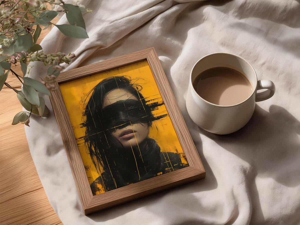 Abstract Portrait Wall Art, Yellow and Black Grunge Poster, Modern Street Art Print for Living Room — styling mockup 3