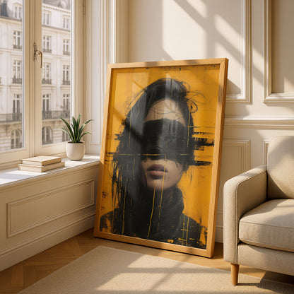 Abstract Portrait Wall Art, Yellow and Black Grunge Poster, Modern Street Art Print for Living Room — styling mockup 4