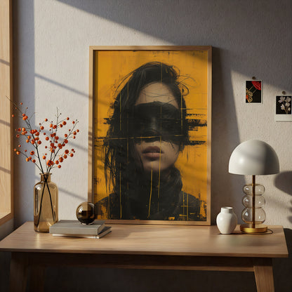 Abstract Portrait Wall Art, Yellow and Black Grunge Poster, Modern Street Art Print for Living Room — styling mockup 5