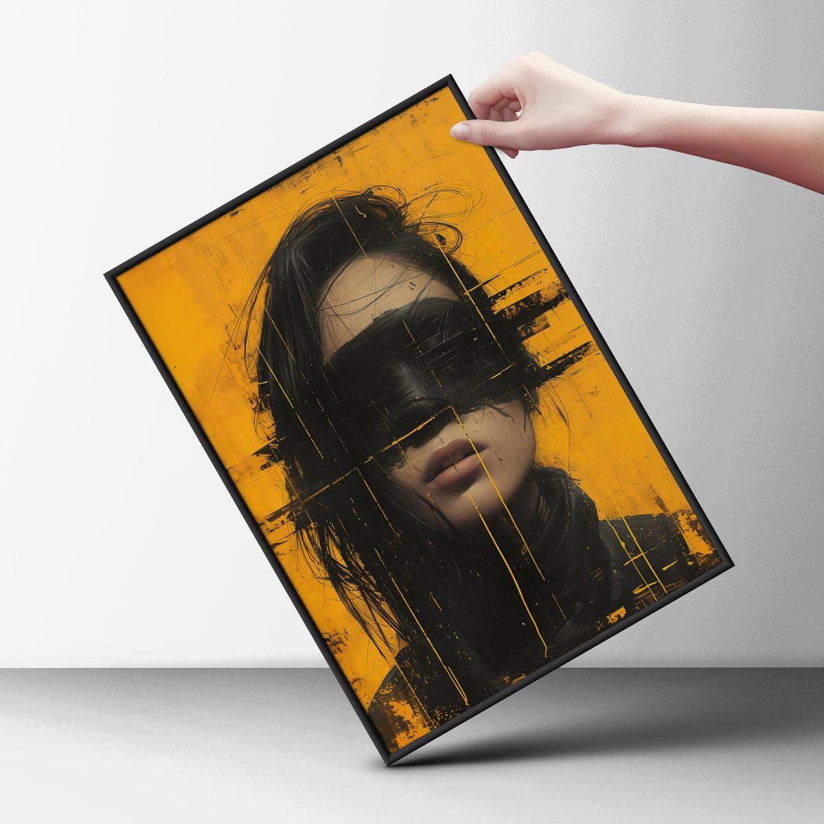 Abstract Portrait Wall Art, Yellow and Black Grunge Poster, Modern Street Art Print for Living Room — styling mockup 6