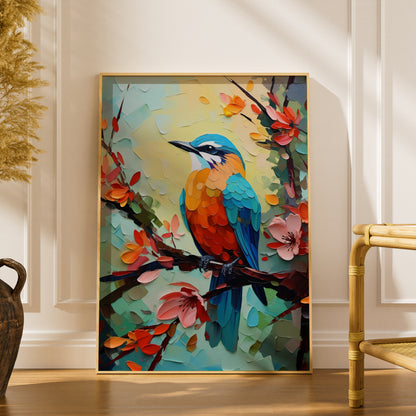 Colourful Bird Oil Painting Print, Palette Knife Wall Art, Kingfisher Poster, Floral Blossom Decor — styling mockup 1