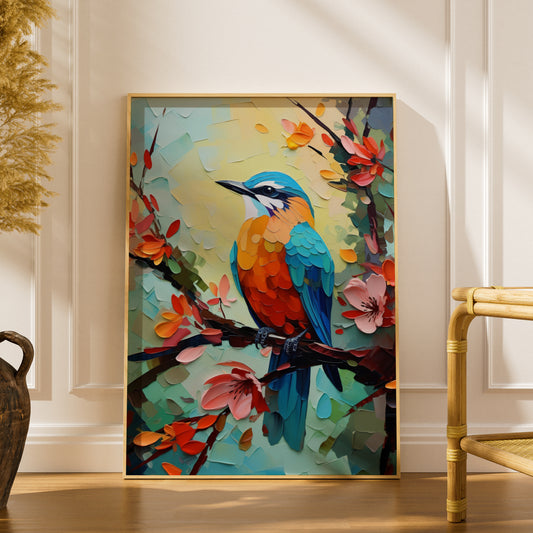 Colourful Bird Oil Painting Print, Palette Knife Wall Art, Kingfisher Poster, Floral Blossom Decor — styling mockup 1