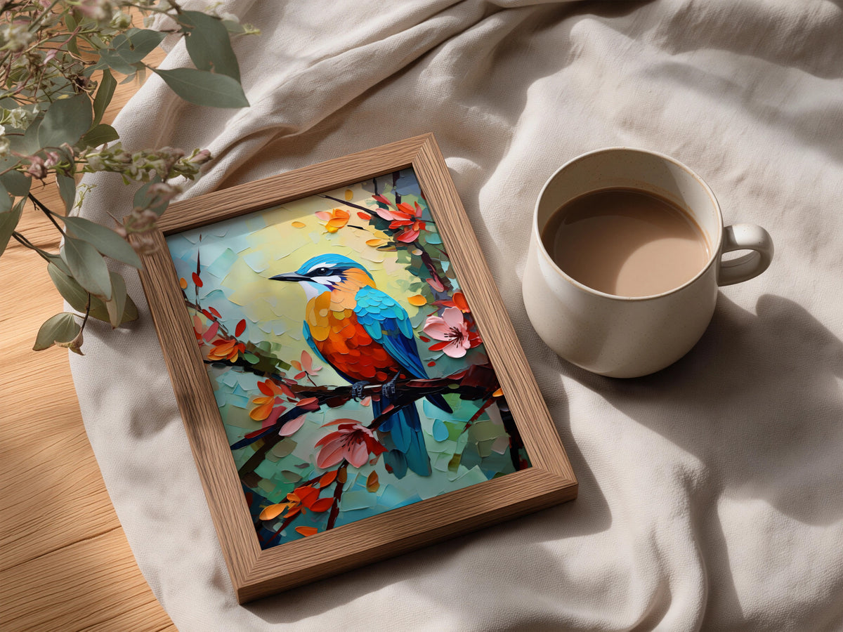 Colourful Bird Oil Painting Print, Palette Knife Wall Art, Kingfisher Poster, Floral Blossom Decor — styling mockup 3