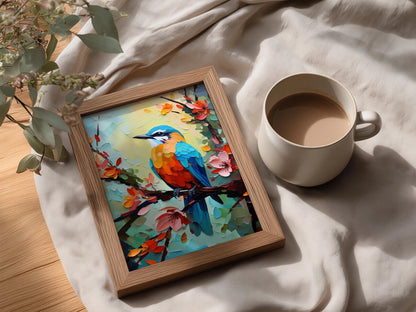 Colourful Bird Oil Painting Print, Palette Knife Wall Art, Kingfisher Poster, Floral Blossom Decor — styling mockup 3