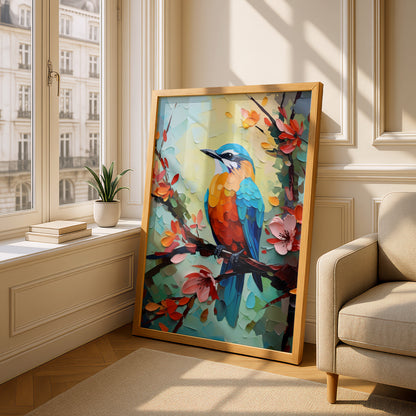 Colourful Bird Oil Painting Print, Palette Knife Wall Art, Kingfisher Poster, Floral Blossom Decor — styling mockup 4