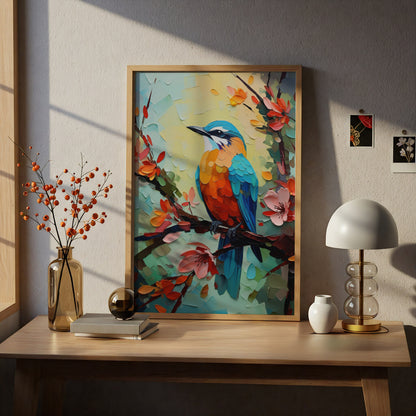 Colourful Bird Oil Painting Print, Palette Knife Wall Art, Kingfisher Poster, Floral Blossom Decor — styling mockup 5