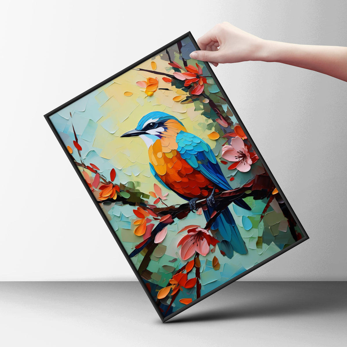 Colourful Bird Oil Painting Print, Palette Knife Wall Art, Kingfisher Poster, Floral Blossom Decor — styling mockup 6