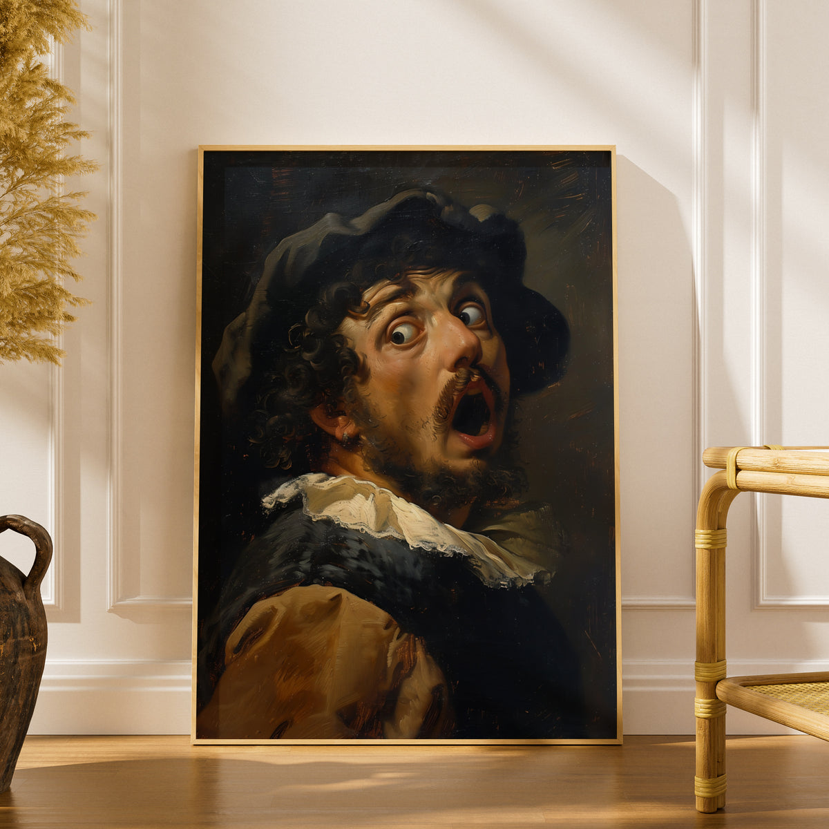 Funny Baroque Portrait Poster, Shocked Man Vintage Oil Painting Style Wall Art, Quirky Gallery Wall — styling mockup 1