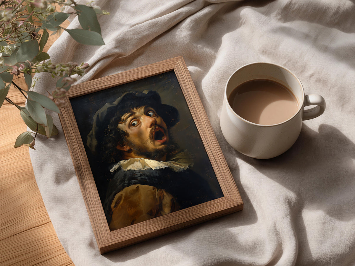 Funny Baroque Portrait Poster, Shocked Man Vintage Oil Painting Style Wall Art, Quirky Gallery Wall — styling mockup 3