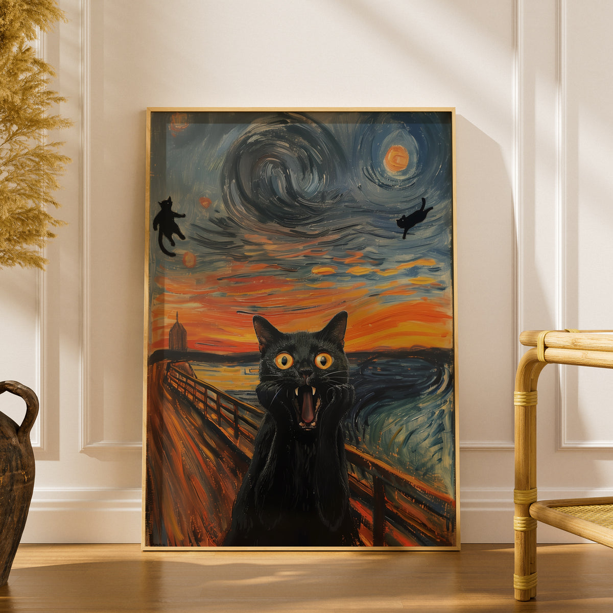 Screaming Black Cat Poster, Expressionist Oil Painting Style Wall Art, Funny Cat Print — styling mockup 1