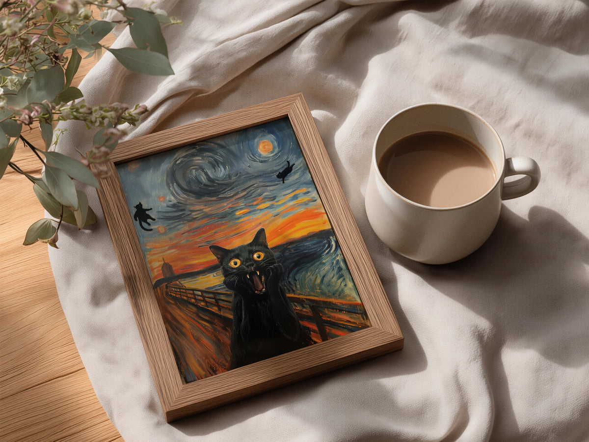 Screaming Black Cat Poster, Expressionist Oil Painting Style Wall Art, Funny Cat Print — styling mockup 3
