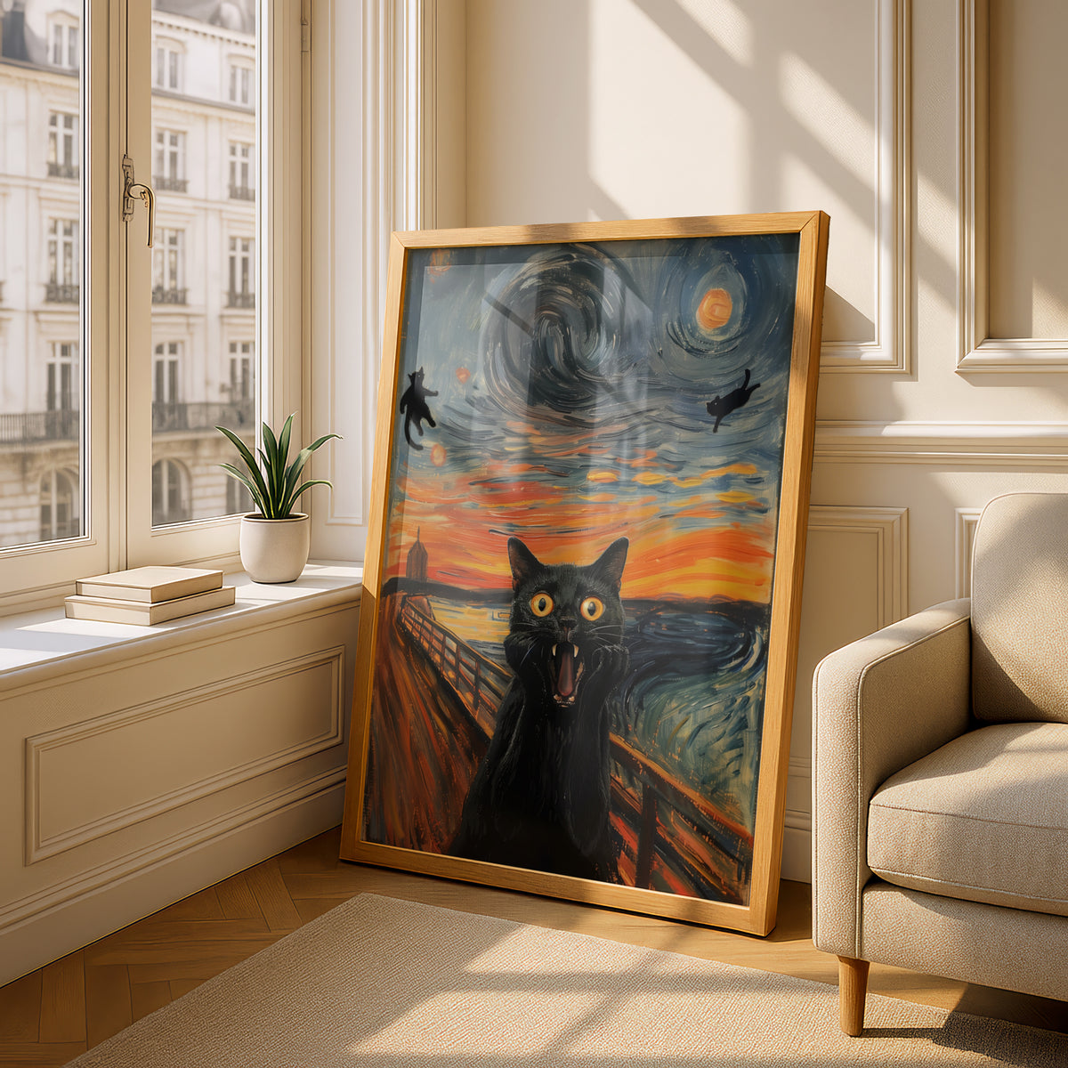 Screaming Black Cat Poster, Expressionist Oil Painting Style Wall Art, Funny Cat Print — styling mockup 4