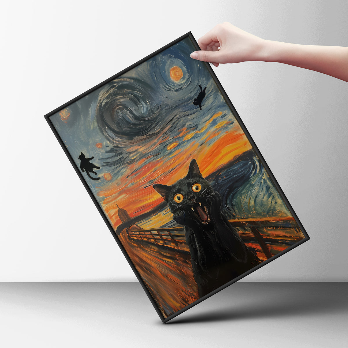 Screaming Black Cat Poster, Expressionist Oil Painting Style Wall Art, Funny Cat Print — styling mockup 6