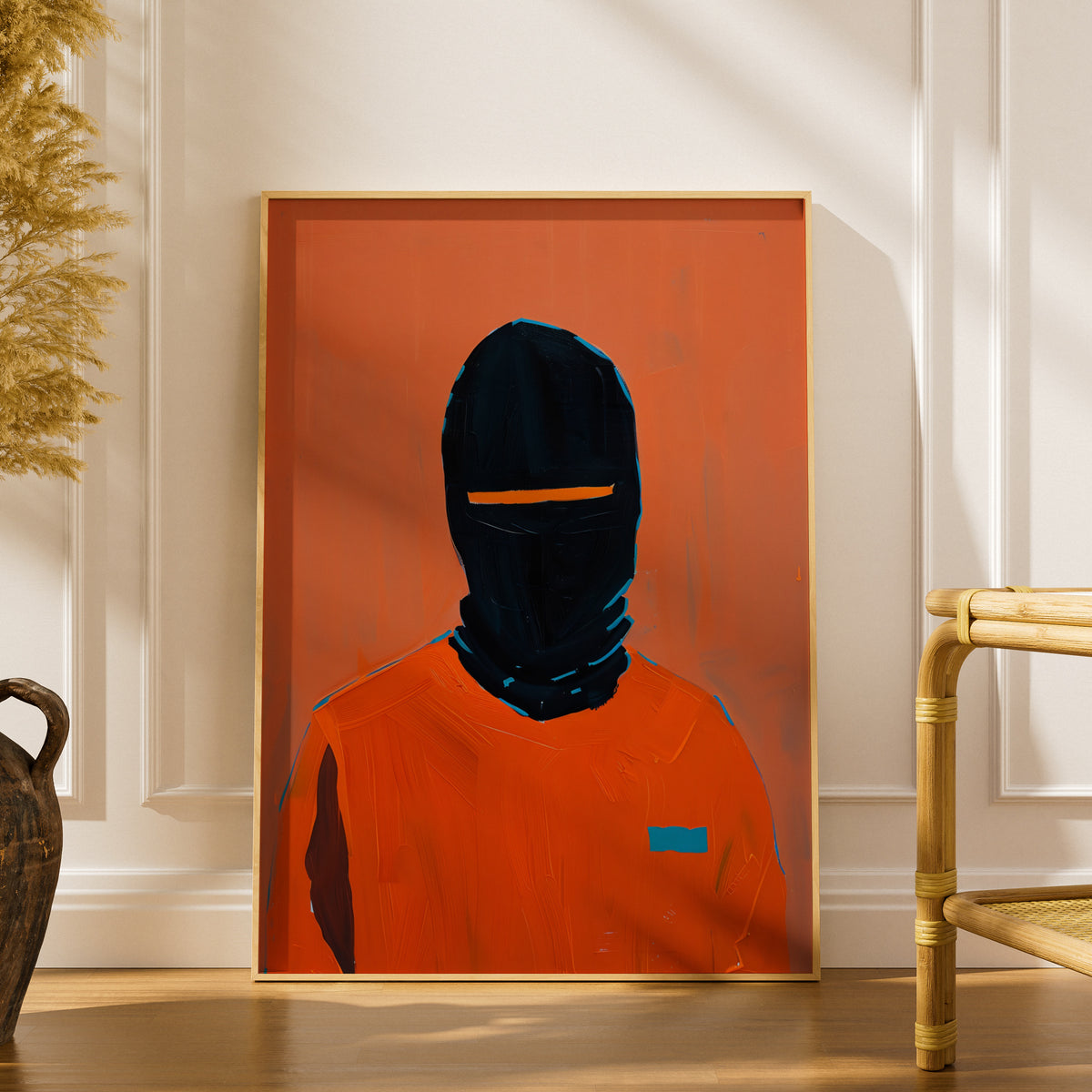 Abstract Masked Figure Poster, Orange and Black Portrait Wall Art, Modern Expressionist Art Print — styling mockup 1