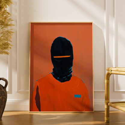 Abstract Masked Figure Poster, Orange and Black Portrait Wall Art, Modern Expressionist Art Print — styling mockup 1