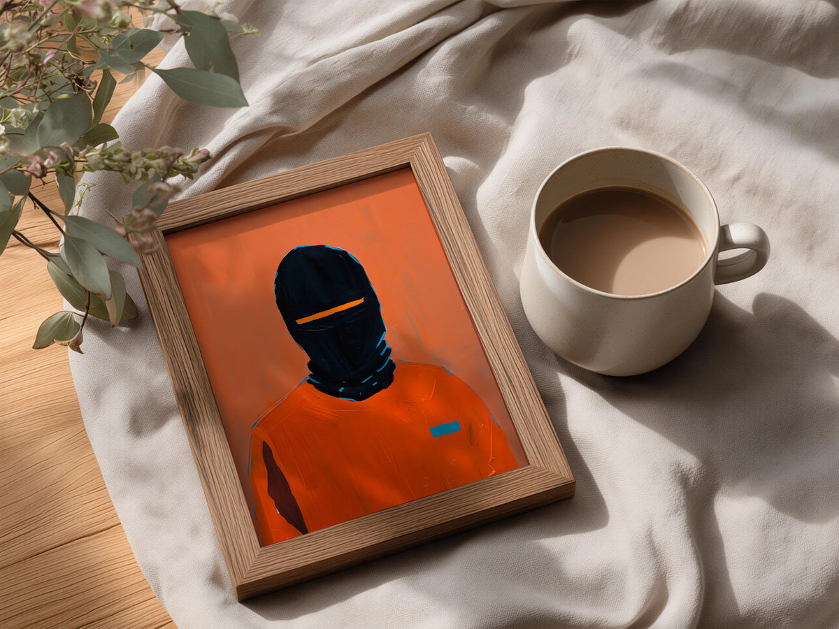 Abstract Masked Figure Poster, Orange and Black Portrait Wall Art, Modern Expressionist Art Print — styling mockup 3