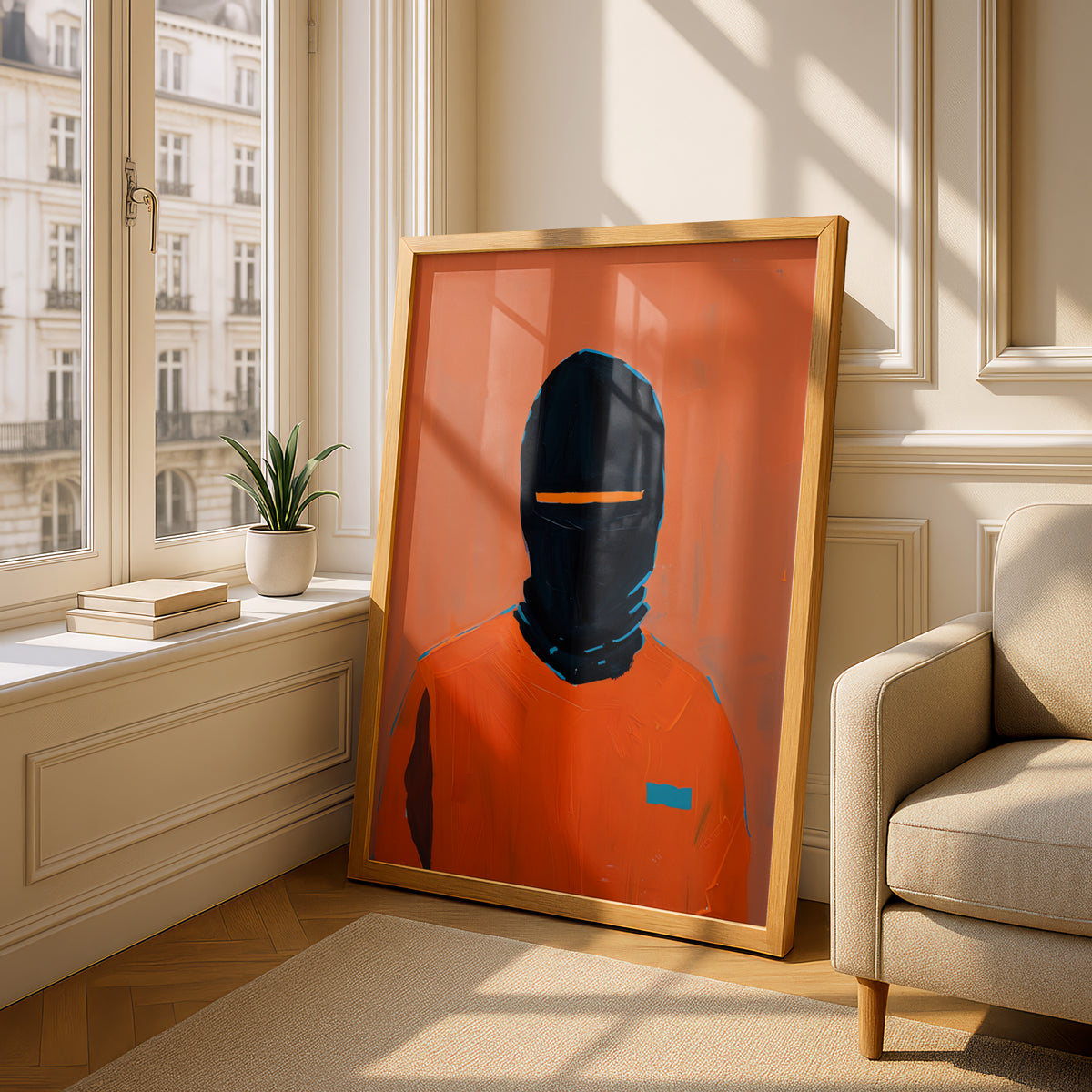 Abstract Masked Figure Poster, Orange and Black Portrait Wall Art, Modern Expressionist Art Print — styling mockup 4