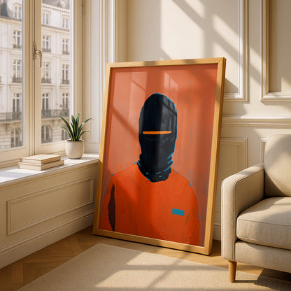 Abstract Masked Figure Poster, Orange and Black Portrait Wall Art, Modern Expressionist Art Print — styling mockup 4