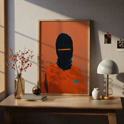 Abstract Masked Figure Poster, Orange and Black Portrait Wall Art, Modern Expressionist Art Print — styling mockup 5