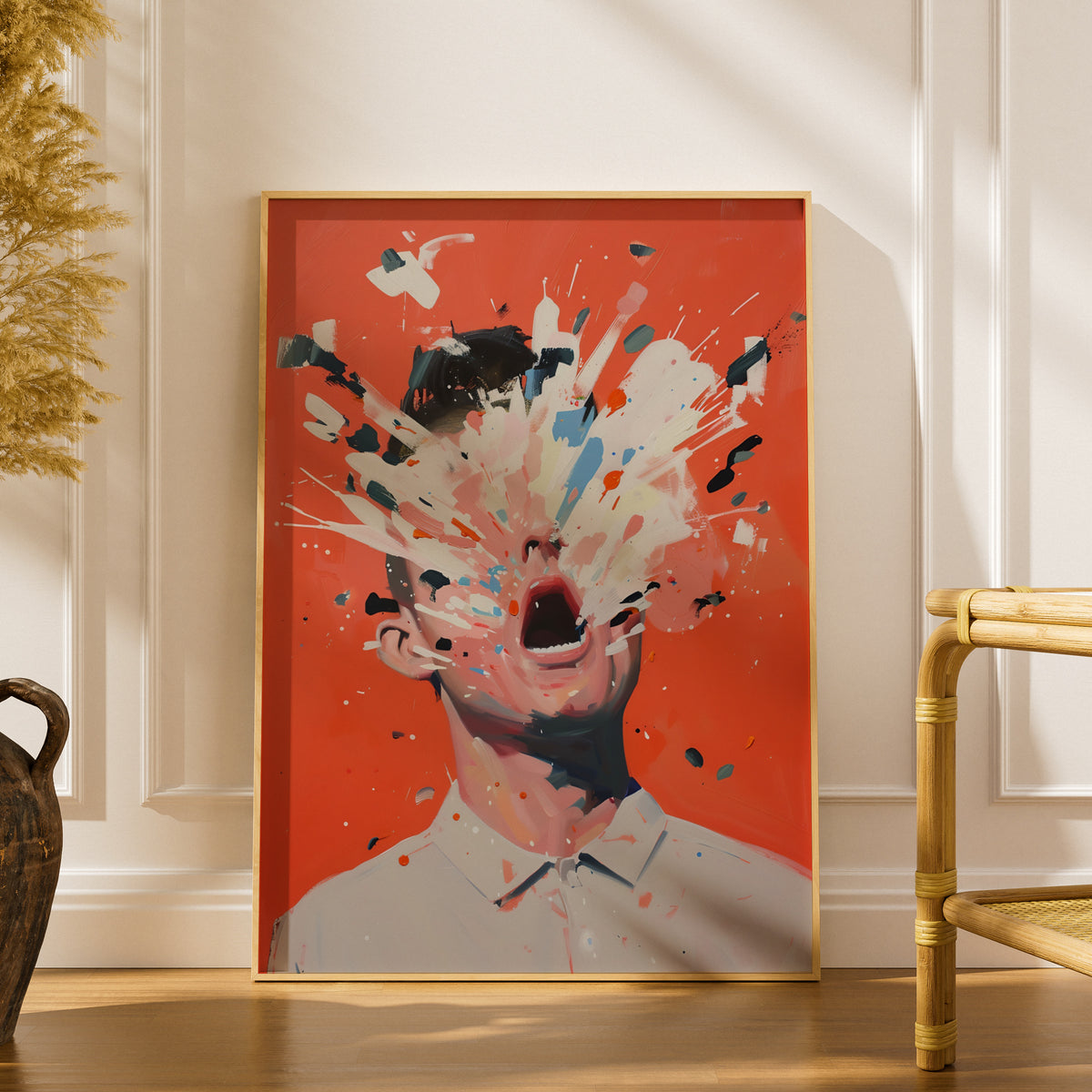 Abstract Portrait Poster, Paint Splatter Face Wall Art, Coral Orange Expressionist Art Print — styling mockup 1