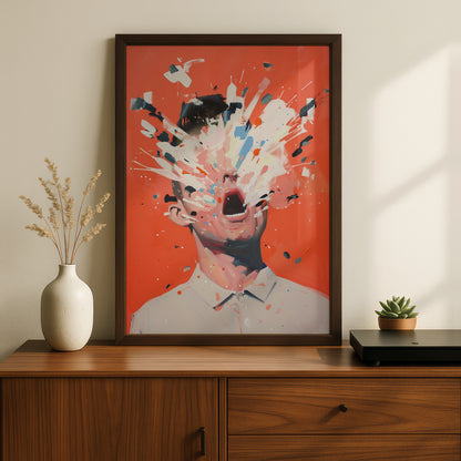 Abstract Portrait Poster, Paint Splatter Face Wall Art, Coral Orange Expressionist Art Print — styling mockup 2