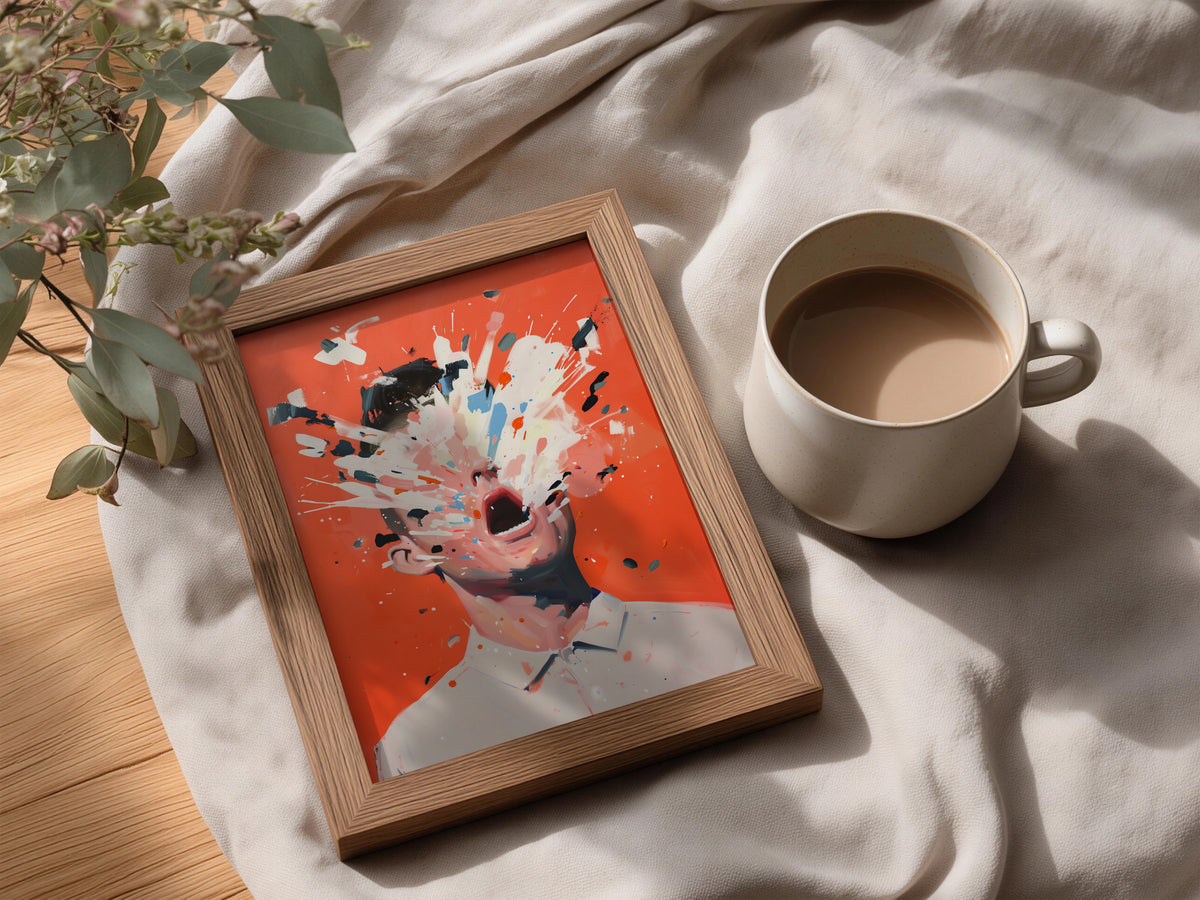 Abstract Portrait Poster, Paint Splatter Face Wall Art, Coral Orange Expressionist Art Print — styling mockup 3