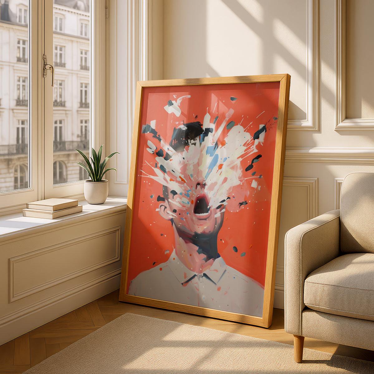 Abstract Portrait Poster, Paint Splatter Face Wall Art, Coral Orange Expressionist Art Print — styling mockup 4