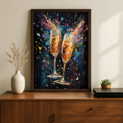 Champagne Glasses Poster, Colourful Oil Painting Wall Art Print, Bar Cart Kitchen Dining Room Decor — styling mockup 2