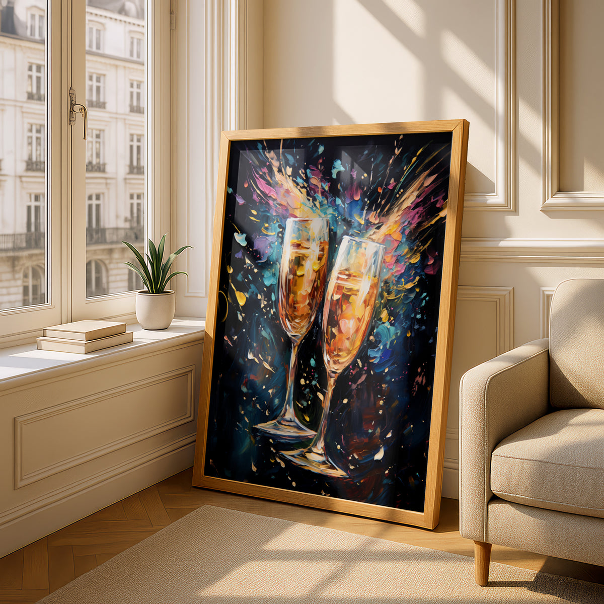 Champagne Glasses Poster, Colourful Oil Painting Wall Art Print, Bar Cart Kitchen Dining Room Decor — styling mockup 4