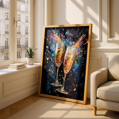 Champagne Glasses Poster, Colourful Oil Painting Wall Art Print, Bar Cart Kitchen Dining Room Decor — styling mockup 4